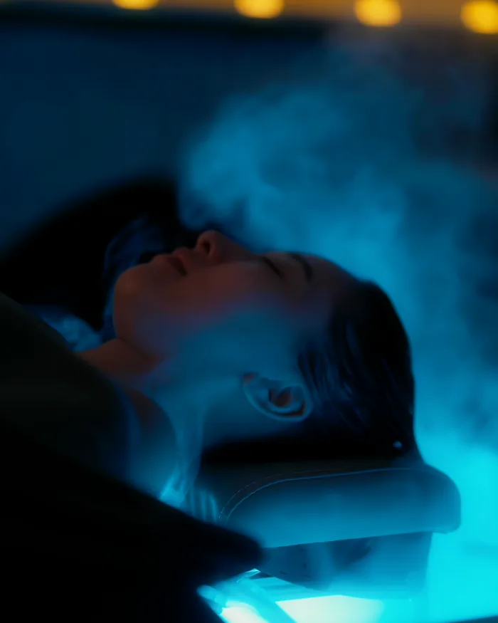 A guest resting at the head spa basin as a soft mist rises, a line of candles glowing behind