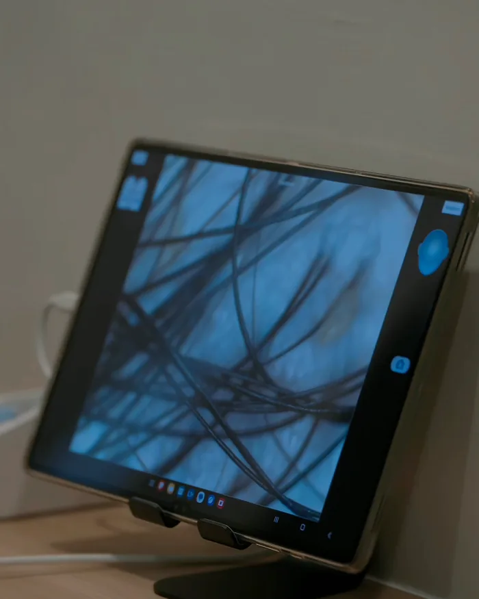 A tablet on a consultation desk showing a magnified view of hair and scalp